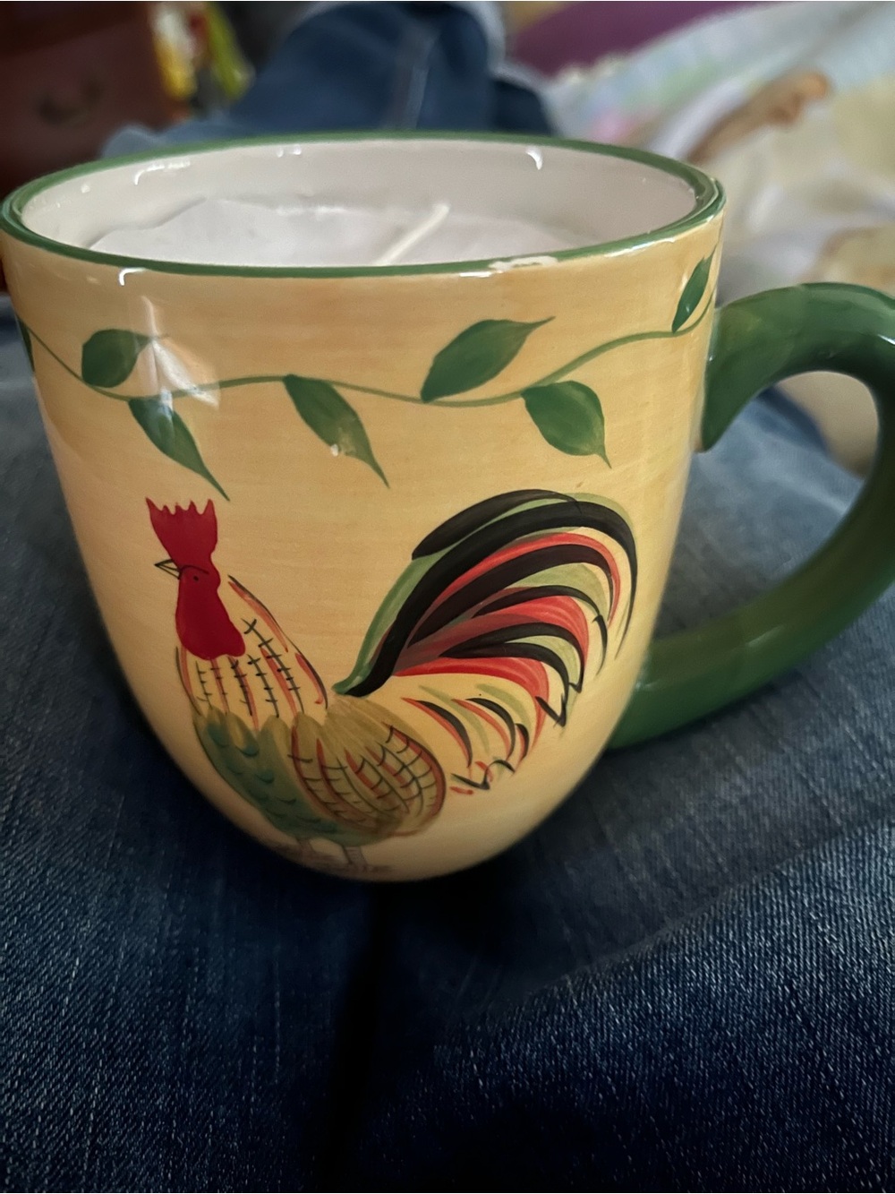 Medium homemade candle in rooster mug, potpourri mix sent